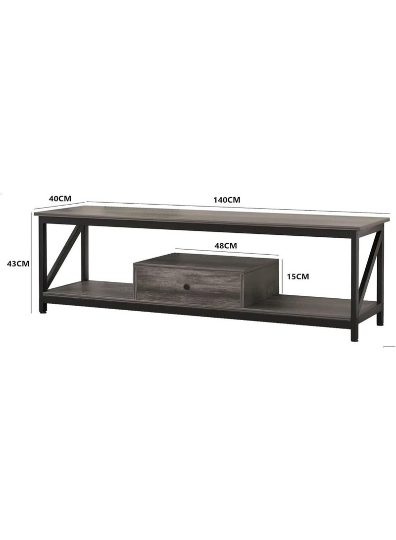 Anvanke modern Industrial TV Stand 140cm | Fits 60/65 Inch TV | Grey Oak with Storage Shelves & Drawer | Living Room Media Console (140x40x43cm) - Image 2